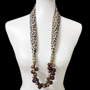 Vtg Statement Necklace Leopard Print Scarf Chunky Mixed Media Beads Boho Tribal